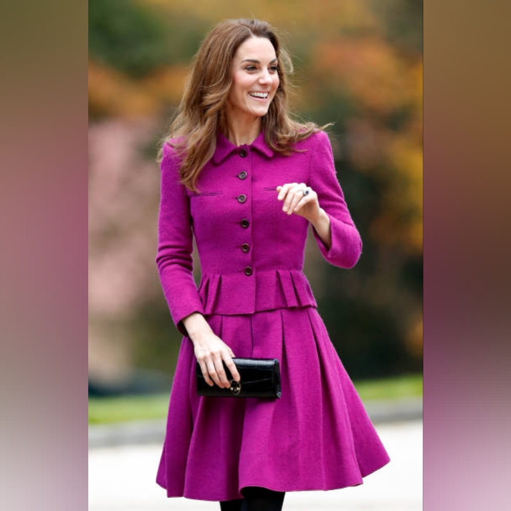 □$5,200 OSCAR DE LA RENTA PURPLE ICONIC SOFT WOOL JACKET SKIRT SUIT US 12